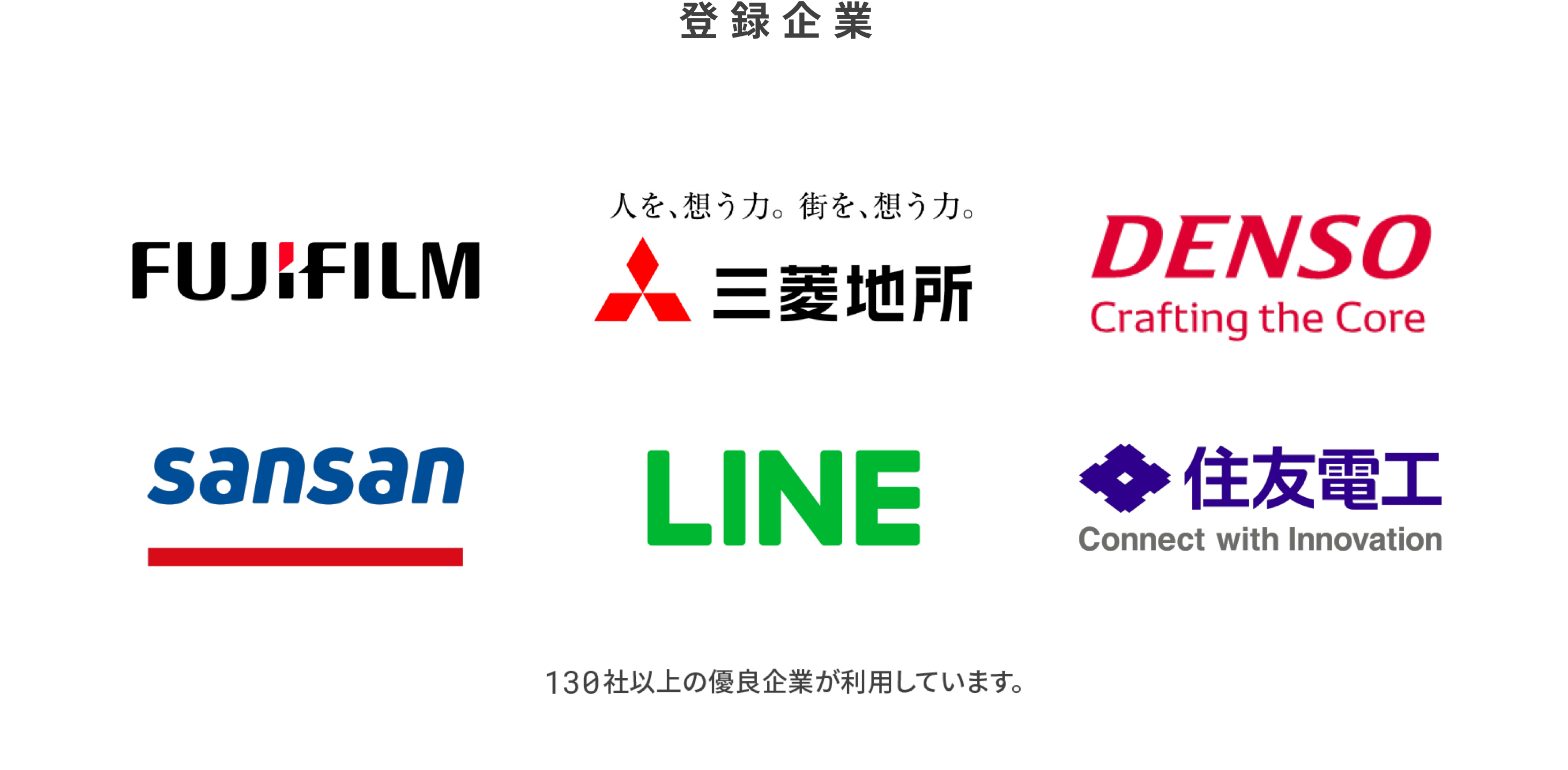 登録企業、富士フイルム、三菱地所、DENSO、Sansan、LINE、住友電工,
			130社以上の優良企業が利用しています。